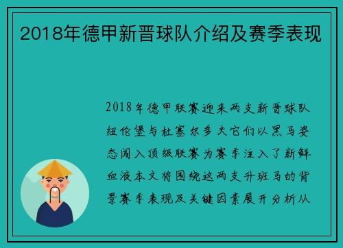 2018年德甲新晋球队介绍及赛季表现