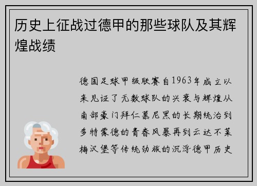 历史上征战过德甲的那些球队及其辉煌战绩